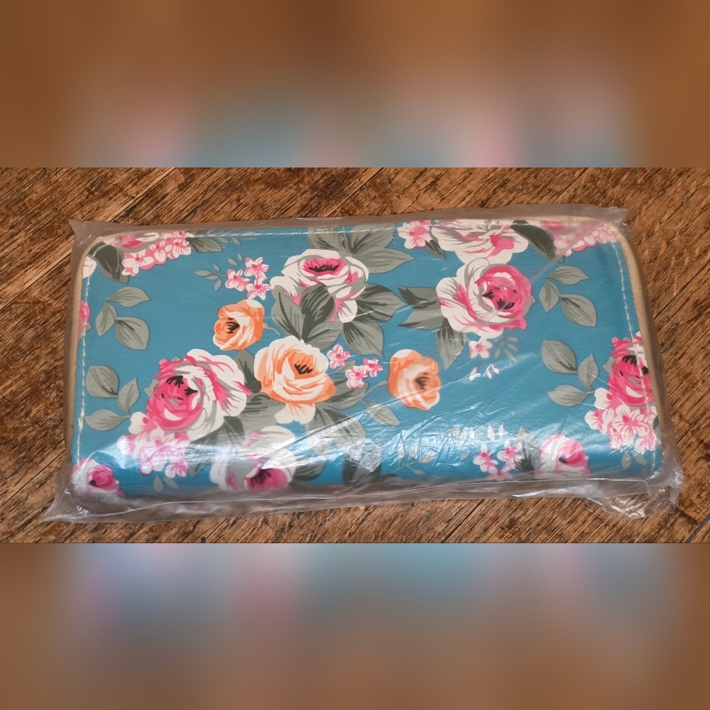 Floral Pattern Vinyl Fabric in Teal with Pink & Peach Roses